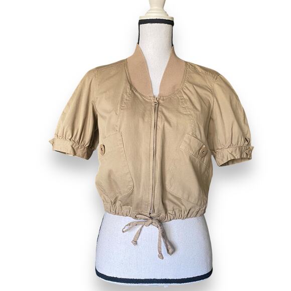 Vntg Y2k Sharagano Studio Cropped Utility Bomber Jacket Sz L Tan Puff Sleeve - Picture 11 of 13